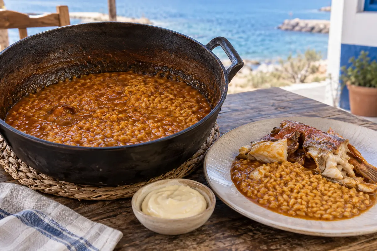 Caldero, the local fish rice, served with alioli by the sea