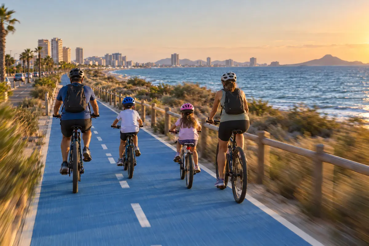 Family cycling along a seafront path