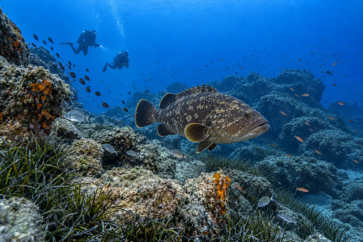Divers and a grouper over seagrass