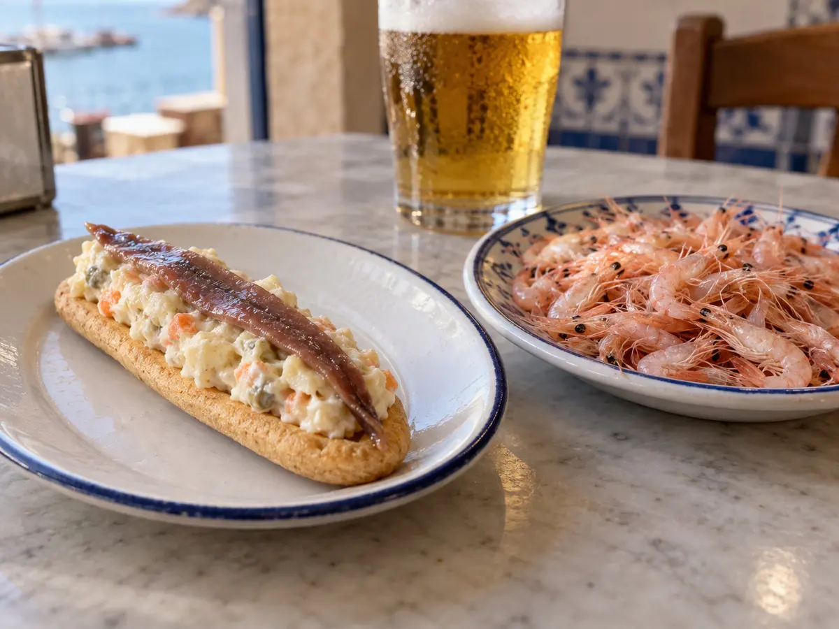 A marinera tapa and prawns next to a beer
