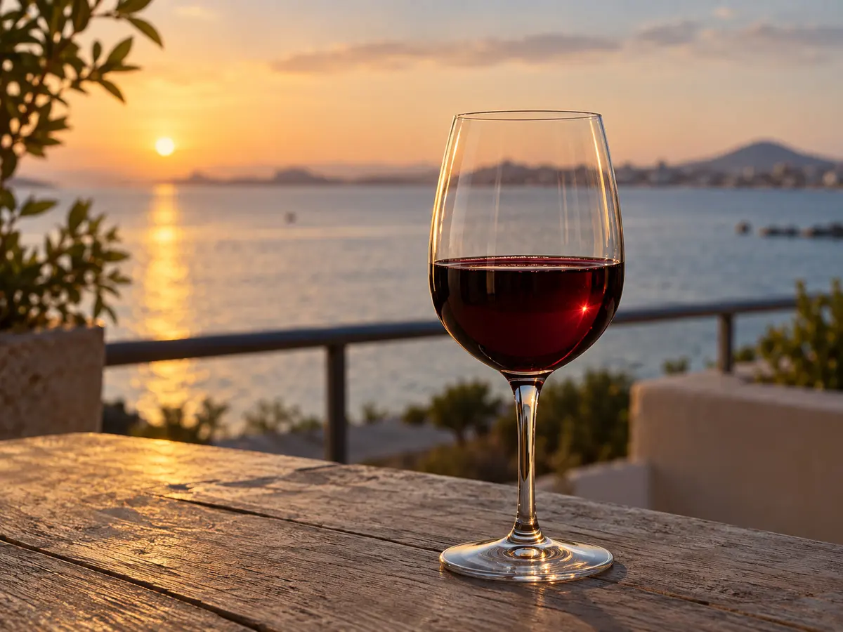 Glass of red wine on a terrace at sunset over the Mar Menor