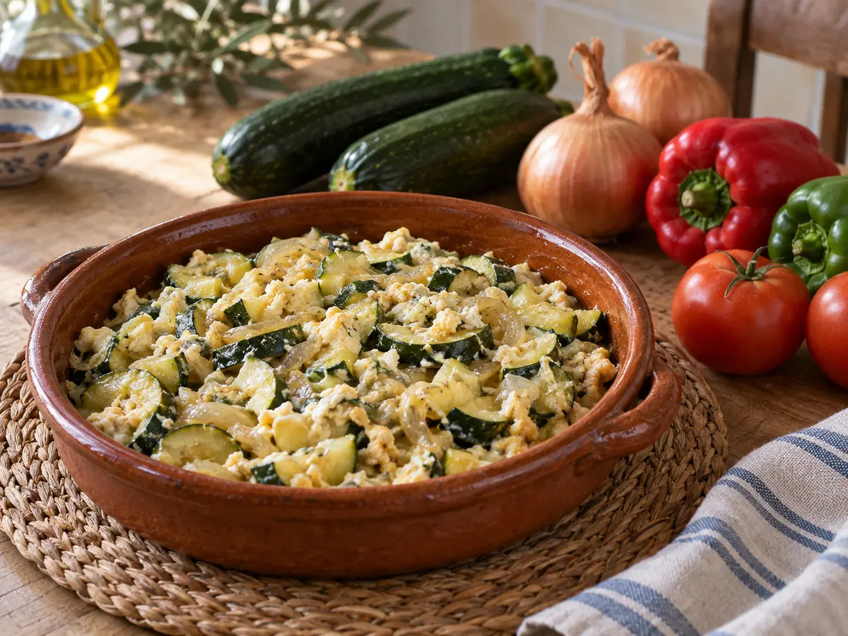 Zarangollo of courgette, onion and egg in an earthenware dish